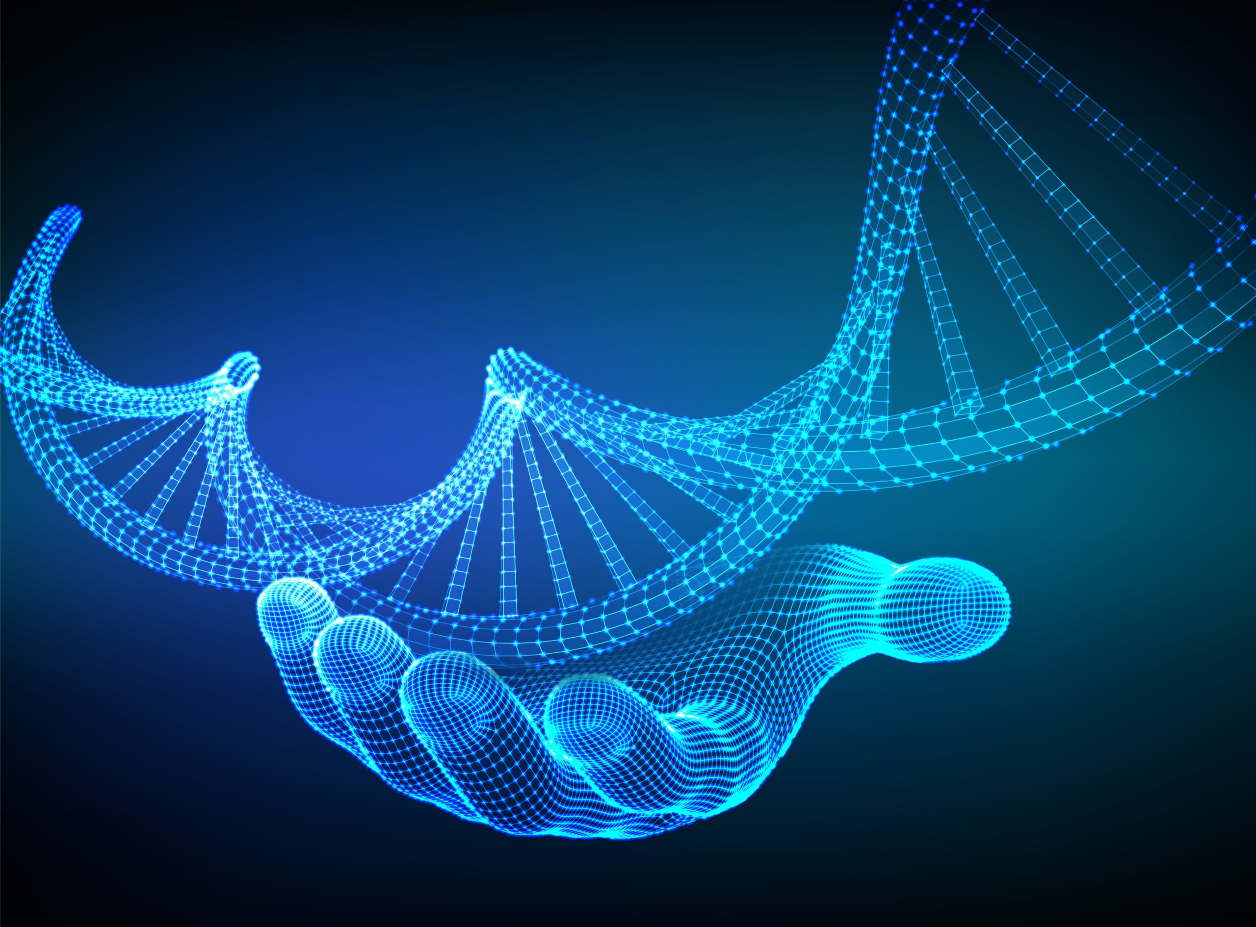 DNA sequence in hand. Wireframe DNA molecules structure mesh. DNA code editable template. Science and Technology concept. Vector illustration